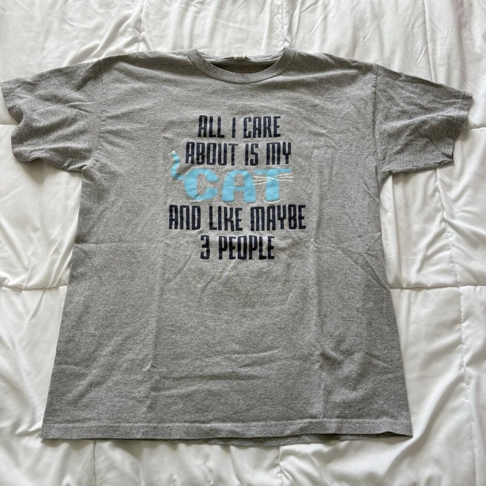 Mens Size Large‎ Gray T Shirt Tee Funny Cat Kitty Comedy Cotton Blend Blue